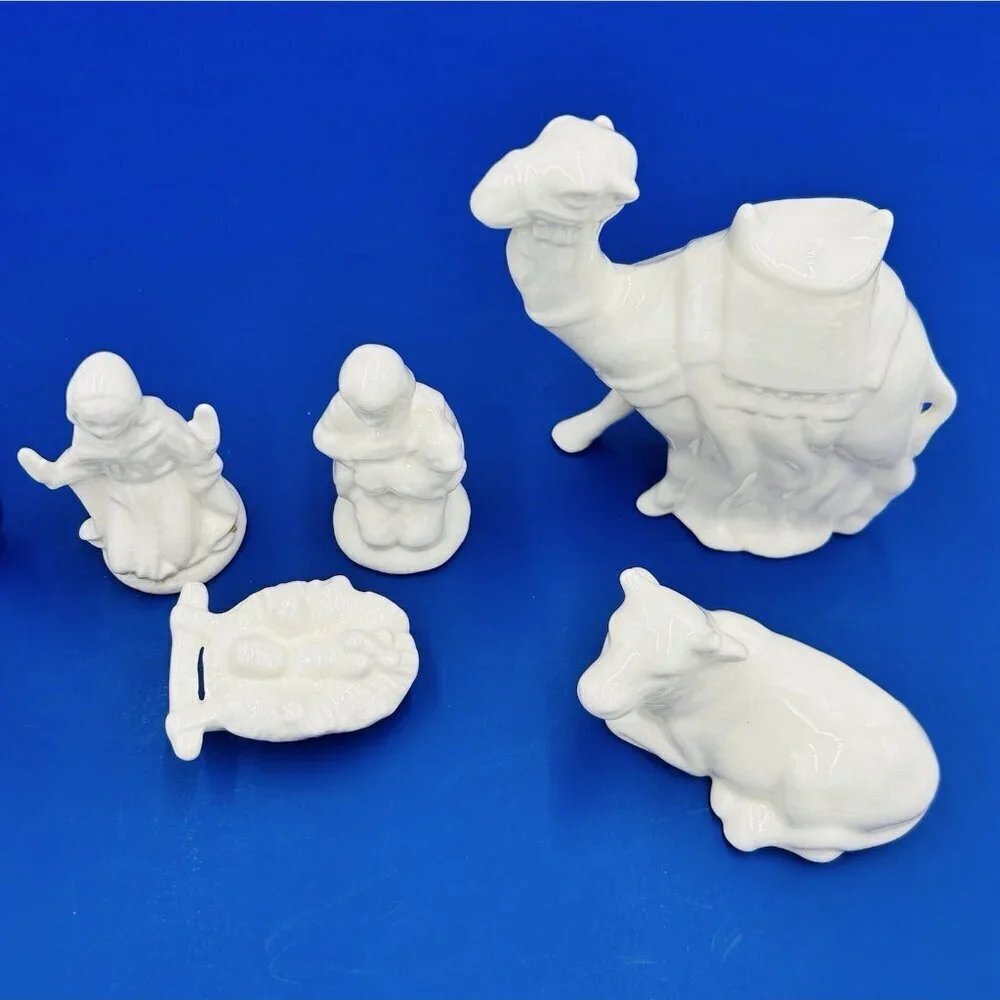 Christmas Nativity Scene Vintage White Ceramic Glazed 9 Piece Set Handmade